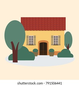 Vector illustration of yellow house with a tiled roof. 