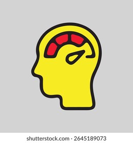 Vector illustration of a yellow human head with a brain designed like a speedometer in red. This minimalist and bold design represents fast thinking, mental performance, intelligence, and high-speed c