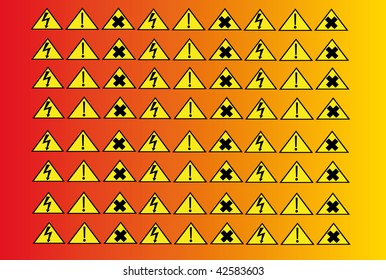 Vector illustration of yellow icons of danger and cross symbol.