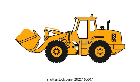A vector illustration of a yellow industrial front loader machine with large tires, isolated on a white background, suitable for construction design.