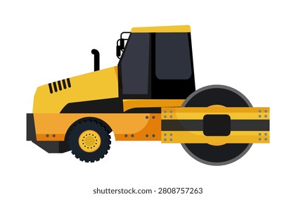 Vector illustration of a yellow industrial road roller machine for asphalt and soil compaction. Isolated on white background.