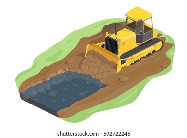 Vector illustration yellow isometric bulldozer. Icon yellow tractor.Dirt is digging