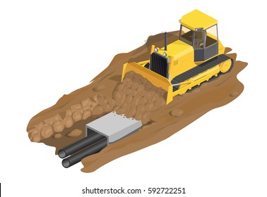 Vector Illustration Yellow Isometric Bulldozer. Icon Yellow Tractor.Dirt Is Digging