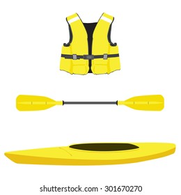 Vector illustration of  yellow kayak boat, life jacket and plastic, rowing oar. Kayak isolated, sea kayak. Extreme sport