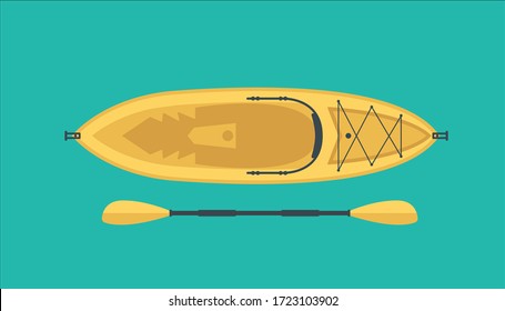 Vector illustration of a yellow kayak with a double-bladed paddle top view. Sit on top type. Narrow boat for fishing and recreation.