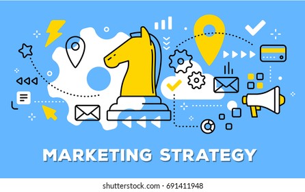 Vector illustration of yellow knight chess piece, megaphone and icons. Marketing strategy concept on blue background with title. Thin line art flat style design for web, banner, business presentation