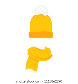 Vector illustration yellow knitted scarf and hat isolated on white background.  Winter scarf