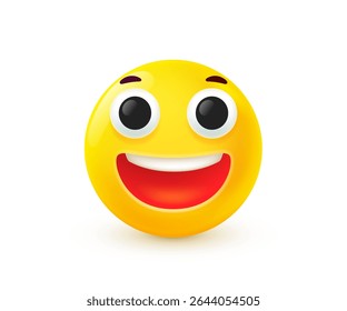 Vector illustration of yellow laughing smile emoji. Happy emotion face with laughter. 3d cartoon style design of funny smile character icon. Happy mood and facial expression of positive emoticon