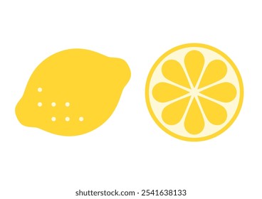 Vector illustration of Yellow Lemon. Front view and cross section. Fruits cute icons. White background.
