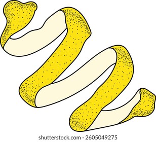 Vector illustration of yellow lemon peel spiral in sketch style. Whole lemon peel colored hand drawn.