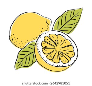 Vector illustration of yellow lemons, whole and halved, with green leaves. Hand-drawn citrus fruit in bold lines and modern minimal style, isolated on white background.