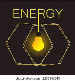 Vector illustration. Yellow light bulb, hexagons and space for writing on a black background. Energy symbol, business card, background for business