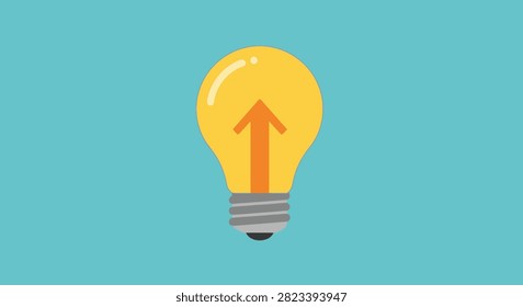 a vector illustration of a yellow light bulb with an orange upward arrow inside, set against a blue background.