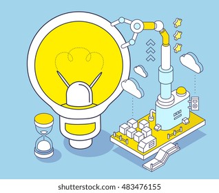 Vector illustration of yellow light bulb, hourglass and three dimensional mechanism with robotic hand on blue background. Generation of energy and creative ideas. 3d thin line art style design