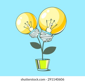 Vector illustration of yellow light bulbs growing in pot on blue background. Hand draw line art design for web, site, advertising, banner, poster, board and print.  