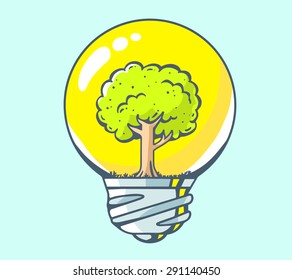 Vector illustration of yellow lightbulb with green tree inside on blue background. Hand draw line art design for web, site, advertising, banner, poster, board and print.  