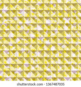Vector Illustration of yellow and lilac triangles, rectangles and abstract daffodils, tulips and roses in checkered geometric layout. Seamless repeat pattern for gift wrap, textile, fabric.