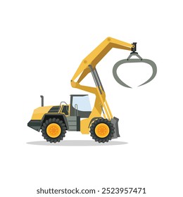 Vector illustration of yellow log loader in cartoon flat style. Heavy machine for harvesting timber and logging. Forestry machinery heavy duty equipment logo, icon for advertising