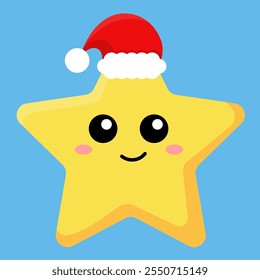 Vector illustration of a yellow lucky star with a Christmas hat