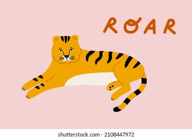 Vector illustration of a yellow lying tiger, with lettering 'roar'. Hand-drawn bright cartoon vector tiger. Large mammal of the cat family. Animals of Asia.