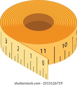 Eine Vektorgrafik eines gelben Maßbandes, perfekt für Projekte im Zusammenhang mit der Konstruktion, DIY oder Nähen. Das Band ist aufgerollt und zeigt klare Markierungen in Zoll und Zentimetern.