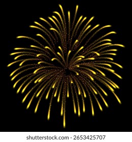 Ilustração vetorial da explosão de fogos de artifício a cores de néon amarelo com pequenas partículas brilhantes. Para férias, festival, show. Pirotecnia, bolacha, decoração. Realismo. Plano de fundo preto isolado.