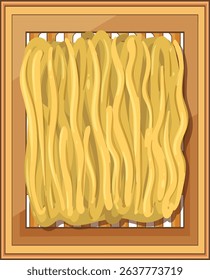 Vector illustration of yellow noodles on a bamboo tray. Warm colors and clean lines create a traditional Asian aesthetic