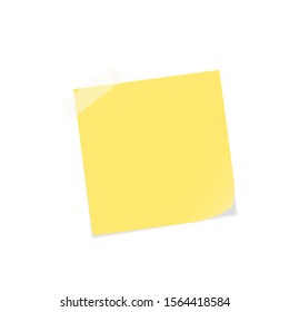Vector illustration of yellow note paper with transparent adhesive tape. Realistic memo note with piece of scotch tape isolated on white. Fully editable file for your own projects. Eps 10. - Shutterstock ID 1564418584