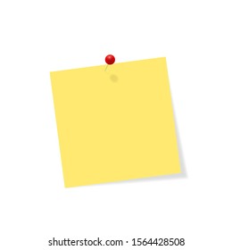 Vector illustration of yellow note paper with red pin. Realistic memo note isolated on white. Blank paper can be used as a background or template. Fully editable file for your own projects. Eps 10.