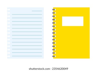 vector illustration of yellow notebook and loose leaf paper isolated on white for banners, cards, flyers, social media wallpapers, etc.