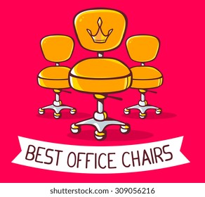 Vector illustration of yellow office chairs with ribbon on red background. Hand draw line art design for web, site, advertising, banner, poster, board and print.
