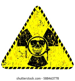 Vector illustration yellow old dirty triangle radiation sign and grunge skull