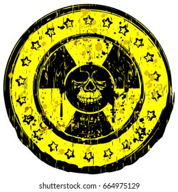 Vector illustration yellow old dirty round stamp with radiation sign and grunge skull