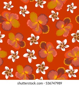 Vector illustration. Yellow, orange and brown hibiscus flowers seamless pattern.
