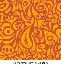 Vector illustration. Yellow and orange damask paisley wallpaper. Seamless background, grunge style.