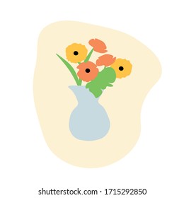 
Vector illustration. Yellow and orange flowers in a vase. Gardening, home plant, comfort.