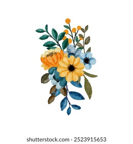 Vector illustration of yellow and orange flowers with green leaves 