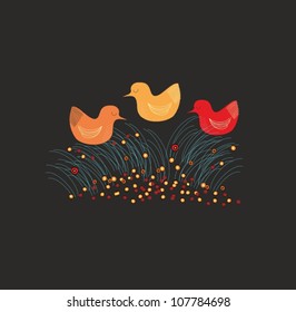 Vector illustration with yellow, orange and red birds on the night field 