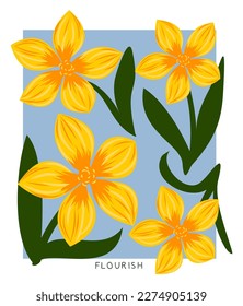 ilustración vectorial de flores tropicales amarillas y naranjas y fondo cuadrado azul y blanco