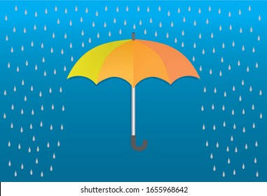 Vector illustration, yellow, orange umbrella, raindrops on blue background.  You find more designs of this umbrella in portfolio. EPS10.