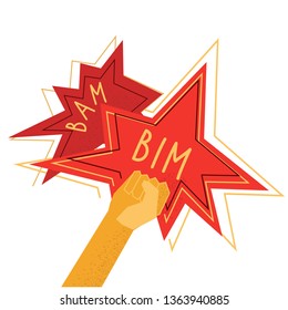Vector illustration with yellow paper cut strike hand, words BIM-BAM on light background. Modern colorful background for wallpaper, prints, cards, banners, posters. Brown, yellow, red colors. 