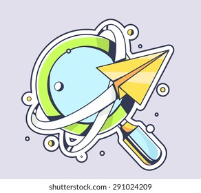 Vector illustration of yellow paper plane flying around blue magnifying glass on color background. Hand draw line art design for web, site, advertising, banner, poster, board and print.  