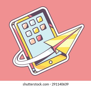Vector illustration of yellow paper plane flying around mobile phone on red background. Hand draw line art design for web, site, advertising, banner, poster, board and print.  