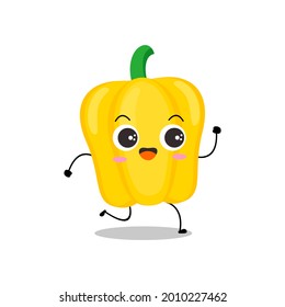 Vector illustration of yellow paprika character with cute expression, funny, paprika isolated on white background, vegetable for mascot collection, emoticon kawaii, chili pepper, happy, run