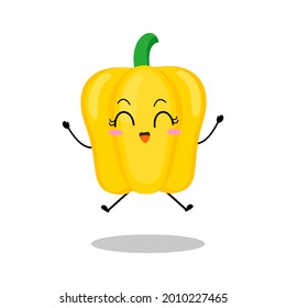 Vektorgrafik gelber Paprika-Charakter mit süßem Ausdruck, lustig, Paprika einzeln auf weißem Hintergrund, Gemüse für Maskottkollektion, Emoticon kawaii, Chilischoten, Happsprung