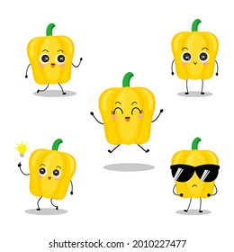 Vector illustration of yellow paprika character with cute expression, funny, set of paprika isolated on white background, vegetable for mascot collection, emoticon kawaii, chili pepper, 