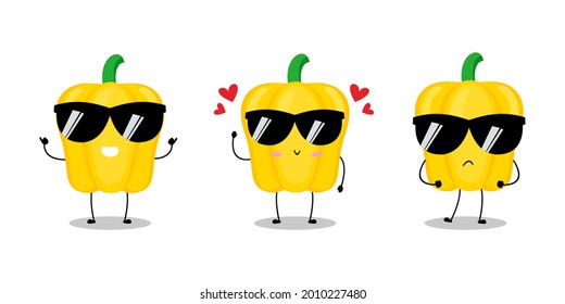 Vektorgrafik von gelbem Paprika-Charakter mit süßem Ausdruck, lustig, Paprika einzeln auf weißem Hintergrund, Gemüse für Maskottensammlung, Emoticon kawaii, Chilischoten, Sonnenbrillen, kühl