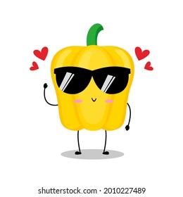 Vektorgrafik von gelbem Paprika-Charakter mit süßem Ausdruck, lustig, Paprika einzeln auf weißem Hintergrund, Gemüse für Maskottensammlung, Emoticon kawaii, Chilischoten, schöne Sonnenbrille