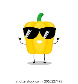 Ilustración vectorial del personaje de la paprika amarilla con expresión linda, divertido, paprika aislada en fondo blanco, verdura para recolección de mascotas, emoticono kawaii, pimienta chile, sonrisa, gafas de sol