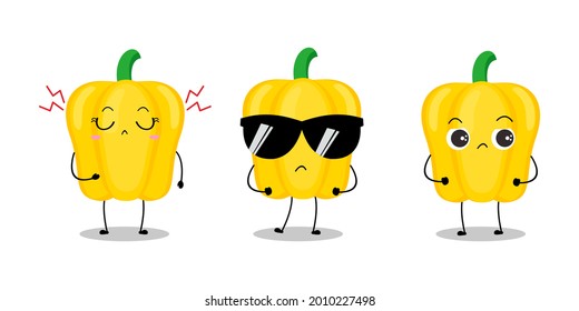 Vector illustration of yellow paprika character with cute expression, funny, set of paprika isolated on white background, vegetable for mascot collection, emoticon kawaii, chili pepper, happy, cool